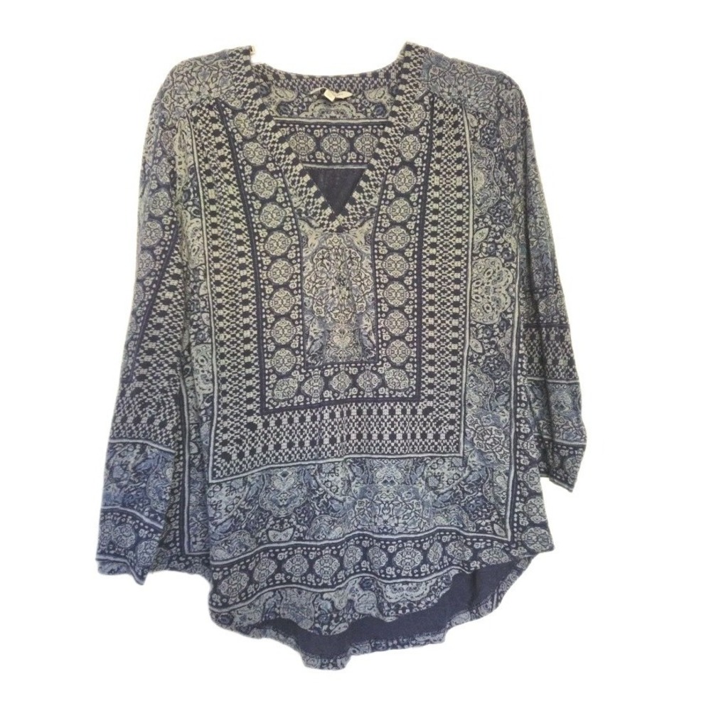 Lucky Brand Top XL Navy Blue  V-Neck 3/4 Sleeve Cotton Linen Boho Peasant
